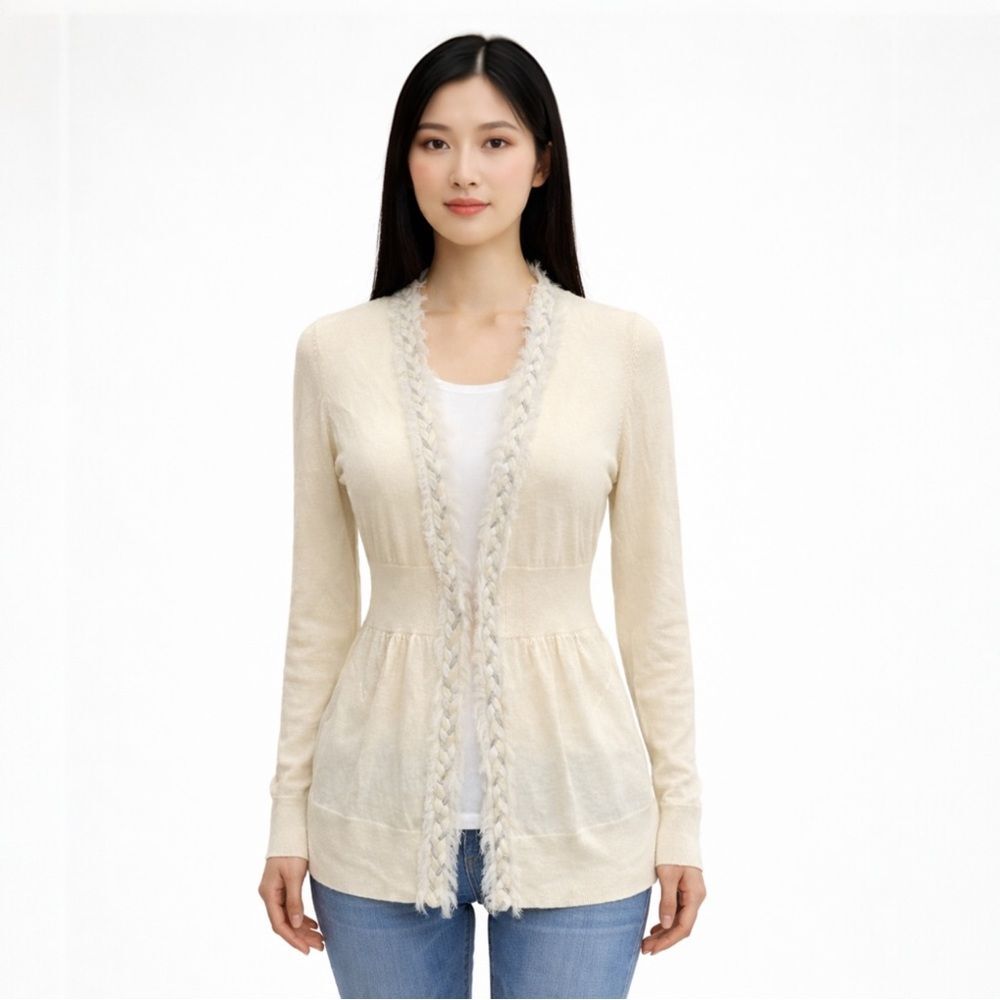 Rebecca Taylor Wool Blend Braided Trim Frizz Collar Cardigan Sweater S Neutral